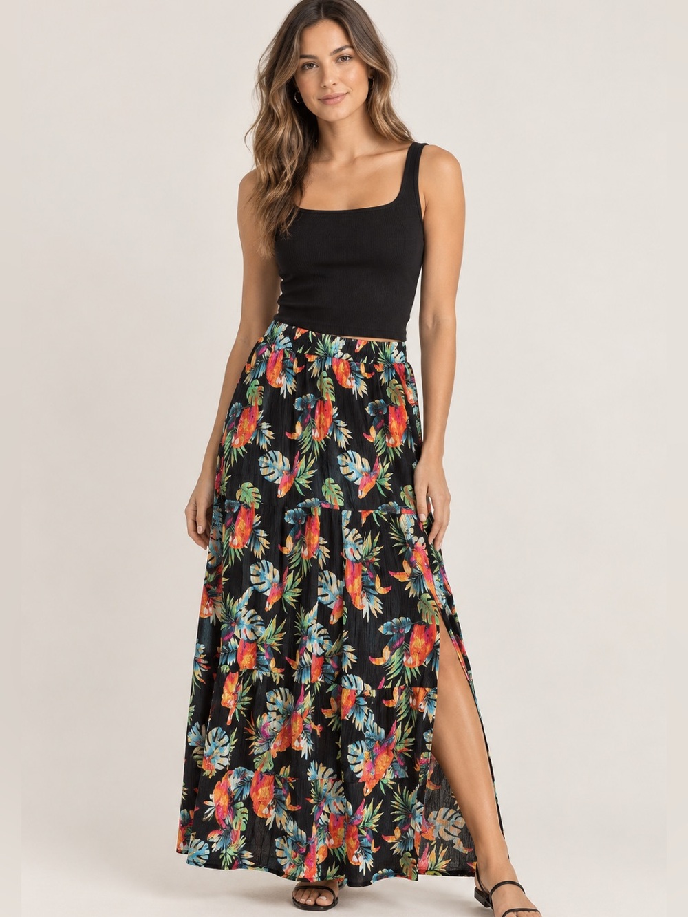 Women's Black tropical maxi skirt with slit